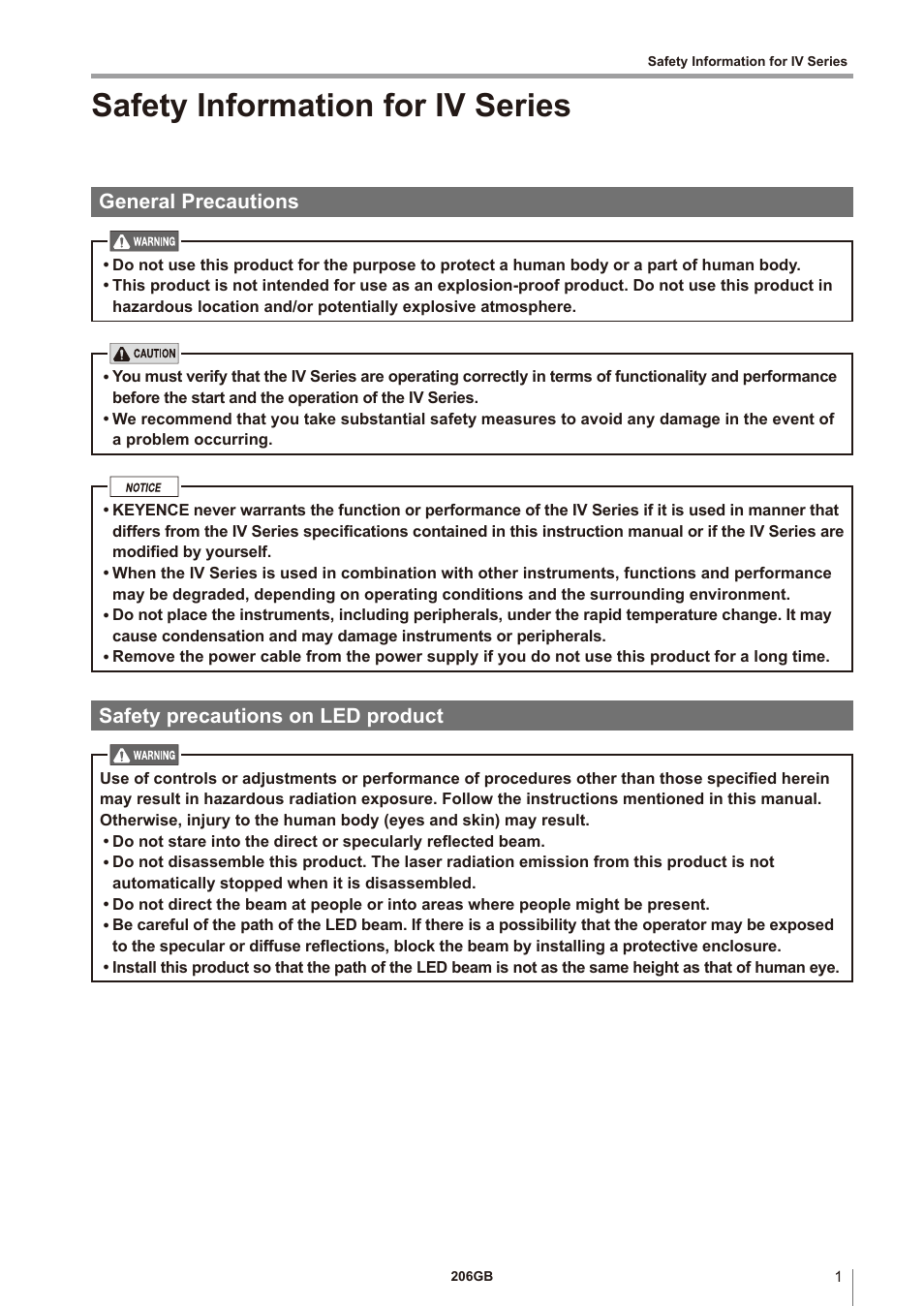 Safety information for iv series, General precautions, Safety precautions on led product | KEYENCE IV Series User Manual | Page 3 / 306