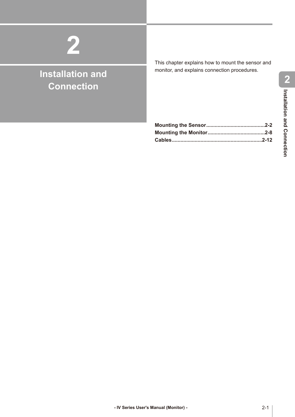 Chapter 2 installation and connection, Installation and, Connection | KEYENCE IV Series User Manual | Page 33 / 306