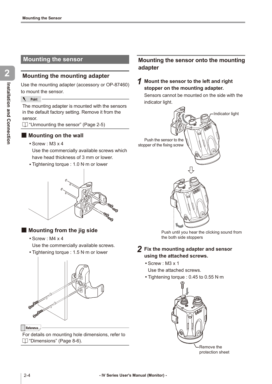 Mounting the sensor, Mounting the mounting adapter, Mounting on the wall | Mounting from the jig side, Mounting the sensor onto the mounting adapter, Mounting the sensor -4, Mounting the mounting adapter -4, Mounting on the wall -4, Mounting from the jig side -4, Mounting the sensor onto the mounting | KEYENCE IV Series User Manual | Page 36 / 306