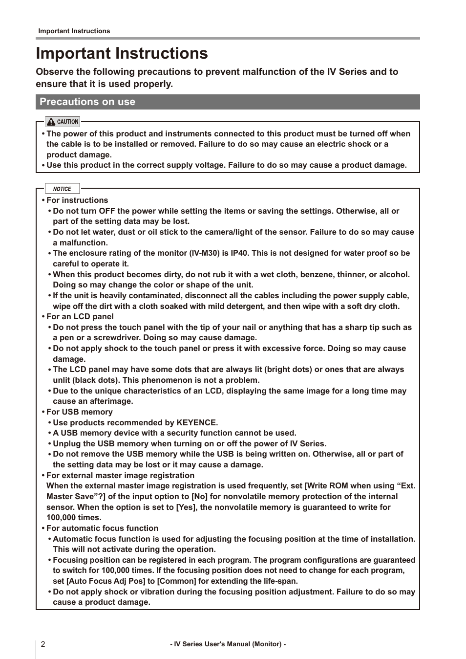 Important instructions, Precautions on use | KEYENCE IV Series User Manual | Page 4 / 306