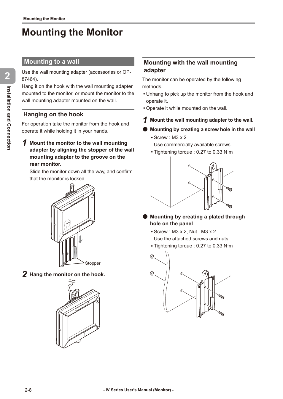 Mounting the monitor, Mounting to a wall, Hanging on the hook | Mounting with the wall mounting adapter, Mounting the monitor -8, Mounting to a wall -8, Hanging on the hook -8, Mounting with the wall mounting adapter -8, Mounting the monitor 2 | KEYENCE IV Series User Manual | Page 40 / 306