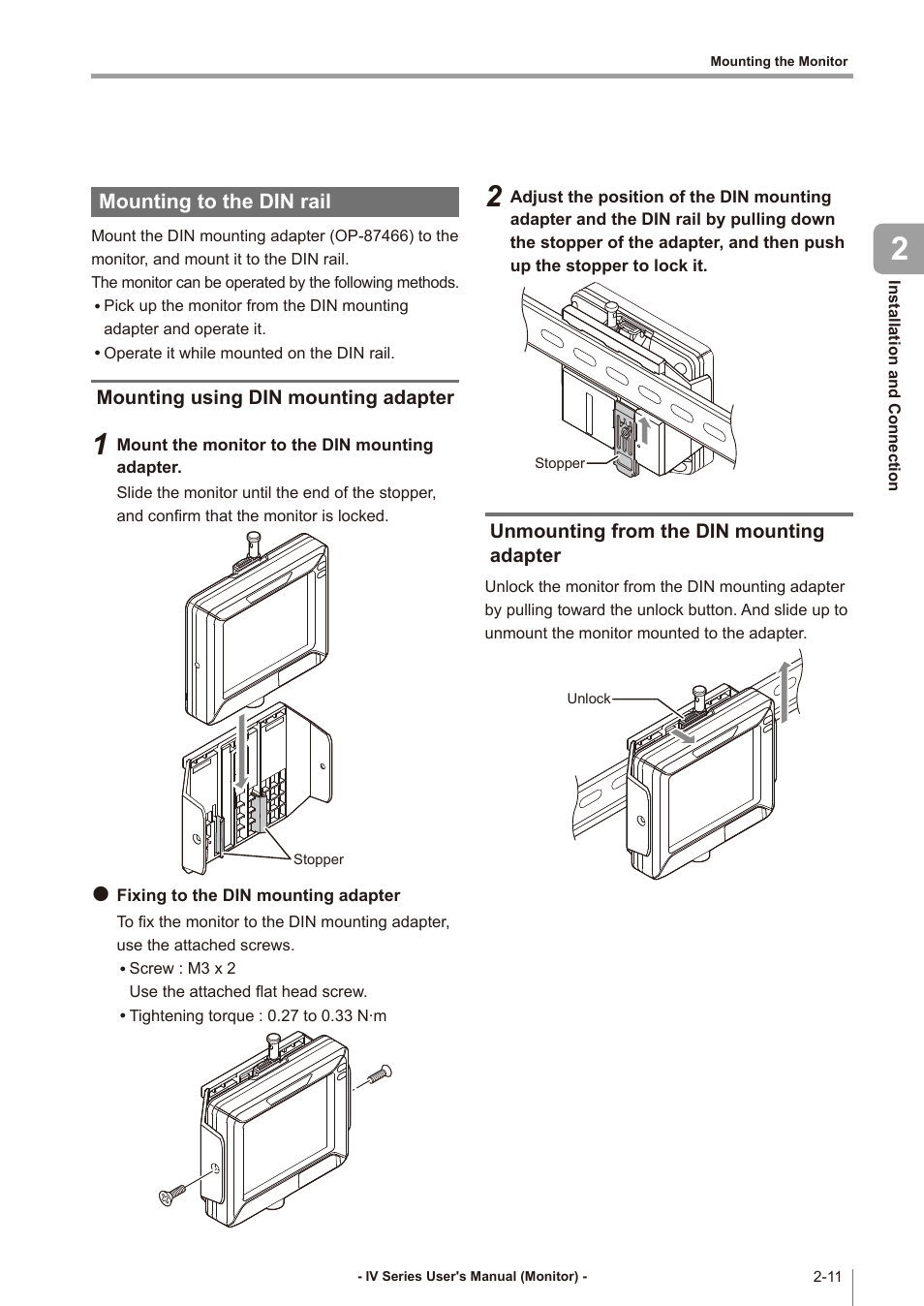 Mounting to the din rail, Mounting using din mounting adapter, Unmounting from the din mounting adapter | Mounting to the din rail -11, Mounting using din mounting adapter -11, Unmounting from, The din mounting adapter -11 | KEYENCE IV Series User Manual | Page 43 / 306