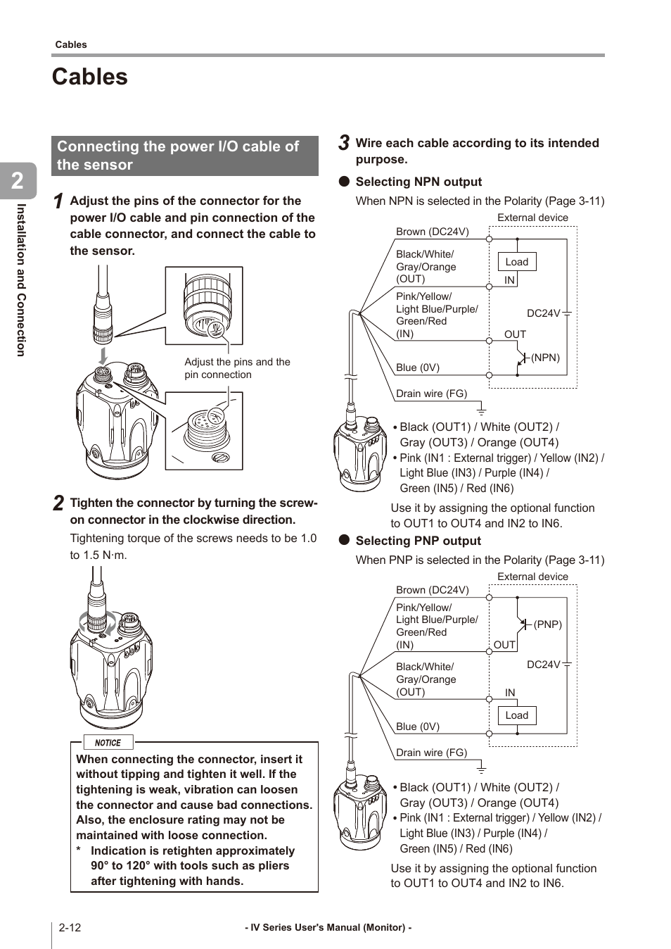 Cables, Connecting the power i/o cable of the sensor, Cables -12 | Connecting the power i/o cable of, The sensor -12, Cables 2 | KEYENCE IV Series User Manual | Page 44 / 306