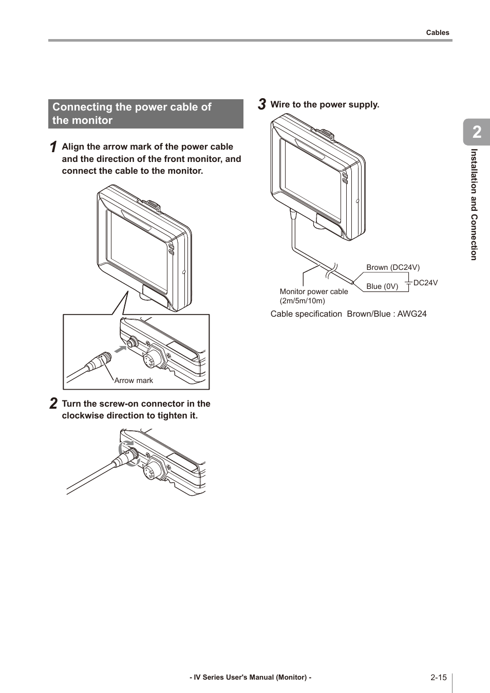 Connecting the power cable of the monitor, Connecting the power cable of the monitor -15 | KEYENCE IV Series User Manual | Page 47 / 306