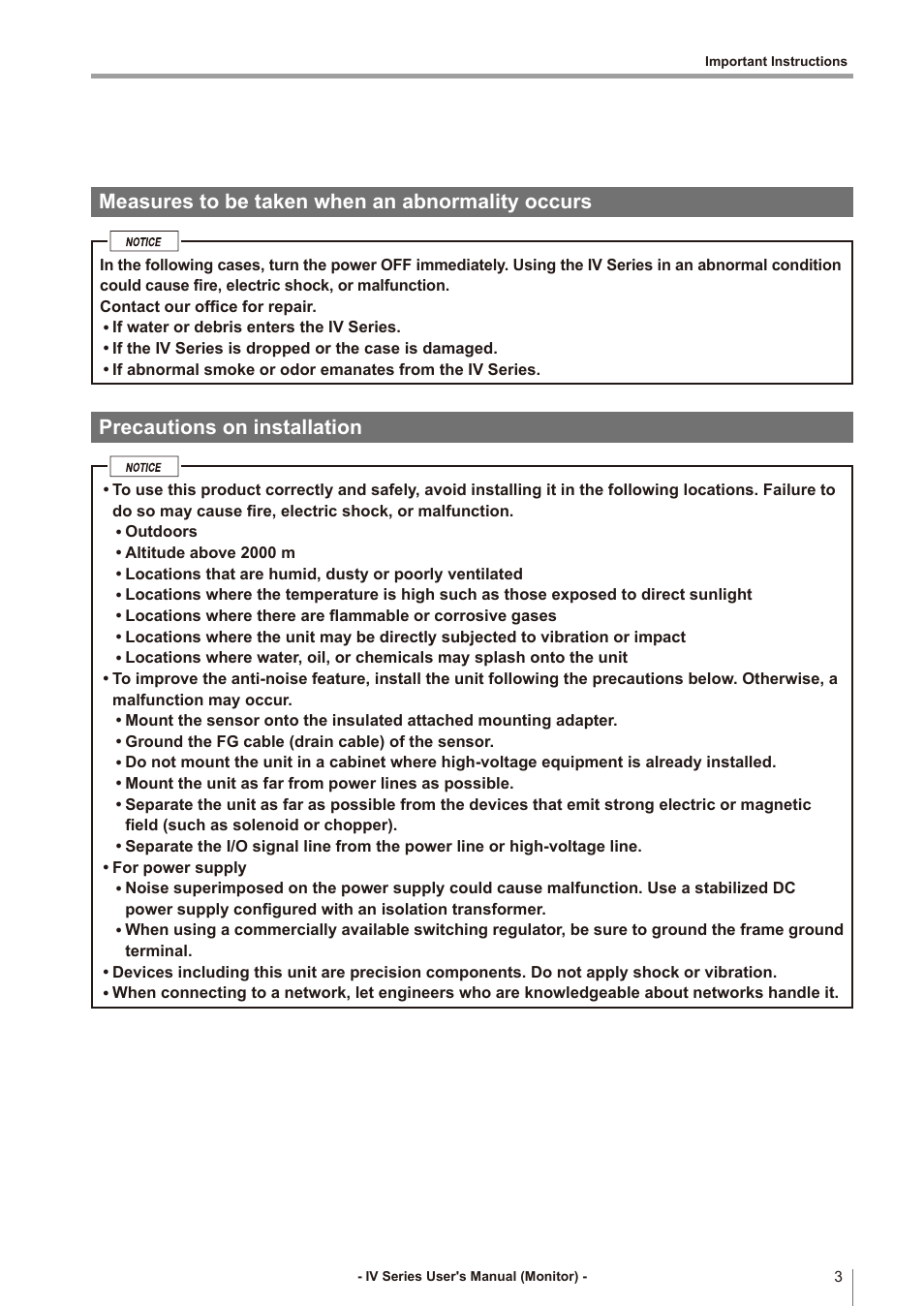 Measures to be taken when an abnormality occurs, Precautions on installation | KEYENCE IV Series User Manual | Page 5 / 306