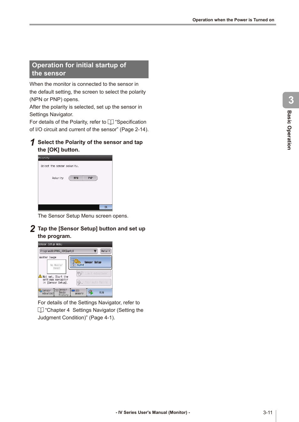 Operation for initial startup of the sensor, Operation for initial startup of the sensor -11 | KEYENCE IV Series User Manual | Page 61 / 306