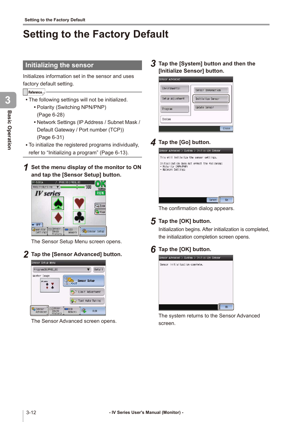 Setting to the factory default, Initializing the sensor, Setting to the factory default -12 | Initializing the sensor -12, Setting to the factory default 3 | KEYENCE IV Series User Manual | Page 62 / 306