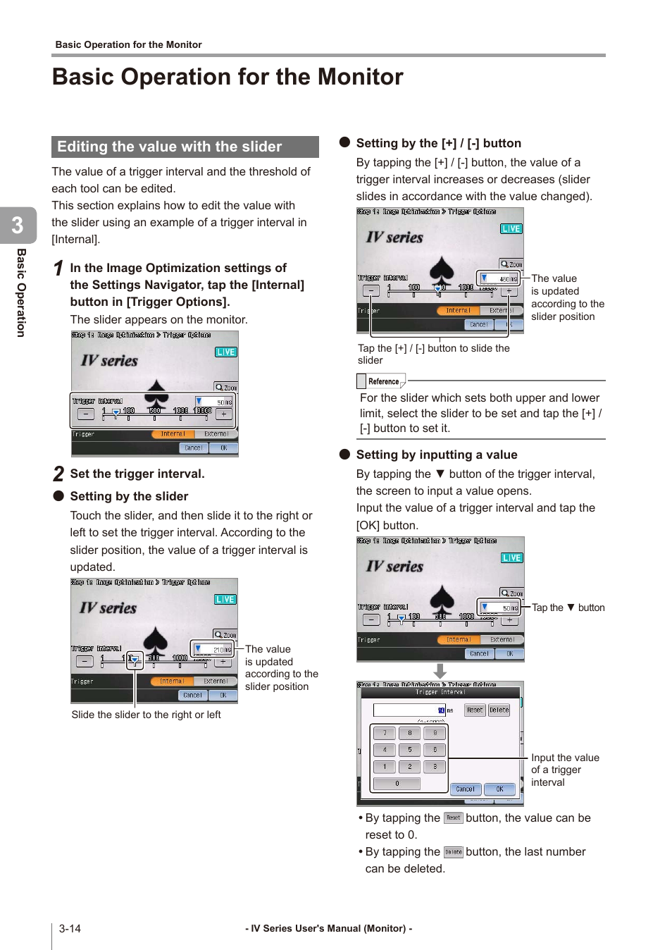 Basic operation for the monitor, Editing the value with the slider, Basic operation for the monitor -14 | Editing the value with the slider -14, Basic operation for the monitor 3 | KEYENCE IV Series User Manual | Page 64 / 306