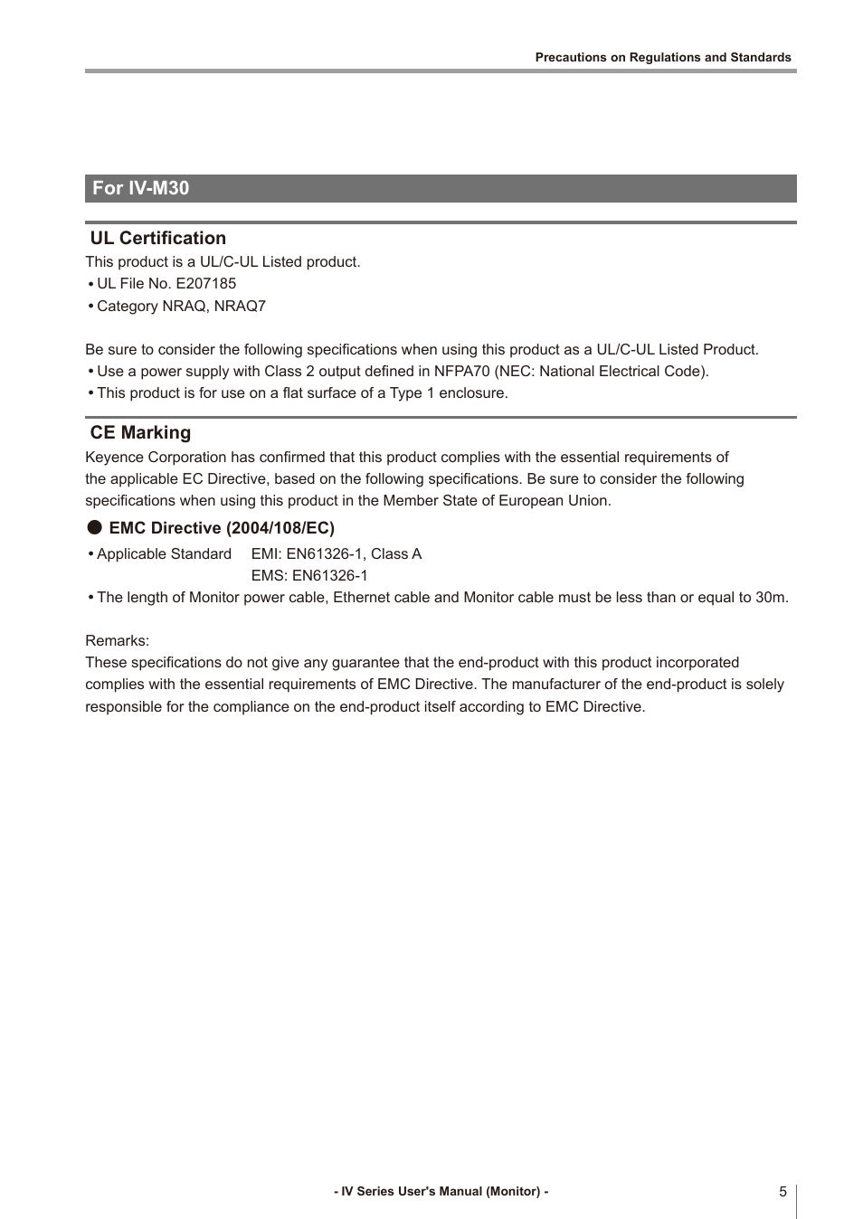 For iv-m30, Ul certification, Ce marking | KEYENCE IV Series User Manual | Page 7 / 306