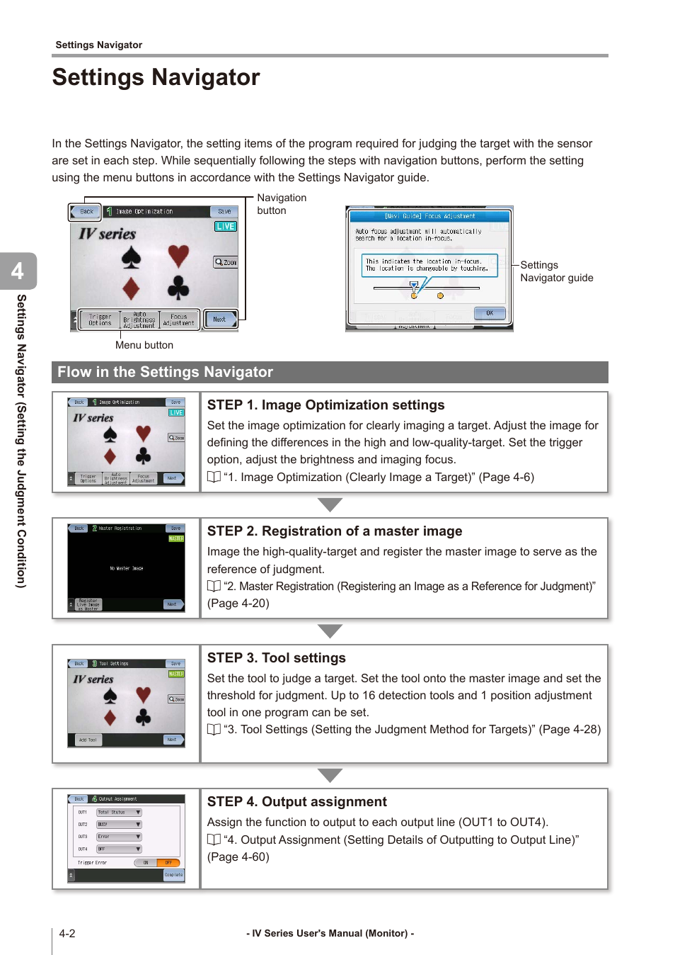 Settings navigator, Flow in the settings navigator, Settings navigator -2 | Flow in the settings navigator -2, Settings navigator 4 | KEYENCE IV Series User Manual | Page 70 / 306