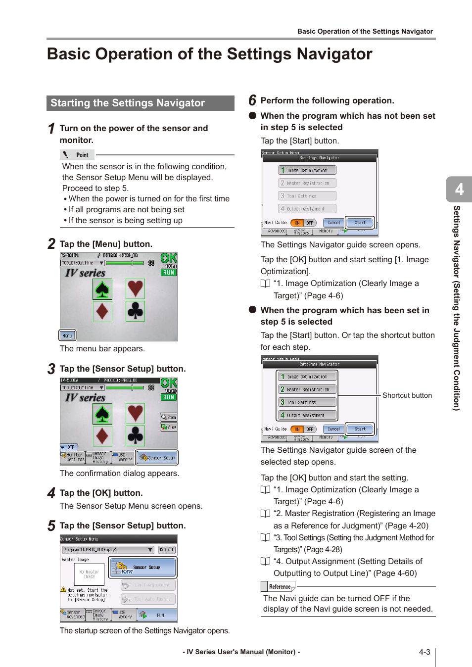 Basic operation of the settings navigator, Starting the settings navigator, Basic operation of the settings navigator -3 | Starting the settings navigator -3, Basic operation of the settings navigator 4 | KEYENCE IV Series User Manual | Page 71 / 306