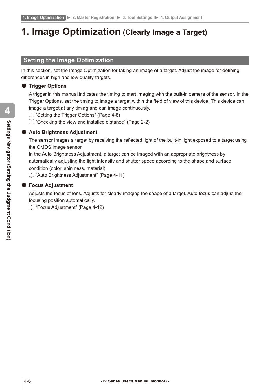 Image optimization (clearly image a target), Setting the image optimization, Image optimization (clearly image a target) -6 | Setting the image optimization -6, Image optimization (clearly image a, Image optimization, Clearly image a target) | KEYENCE IV Series User Manual | Page 74 / 306