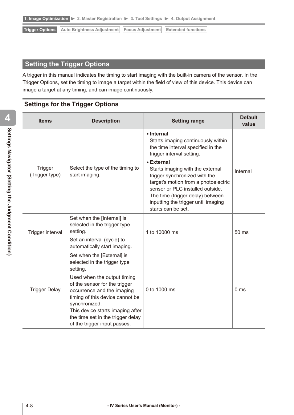 Setting the trigger options, Settings for the trigger options, Setting the trigger options -8 | Settings for the trigger options -8 | KEYENCE IV Series User Manual | Page 76 / 306