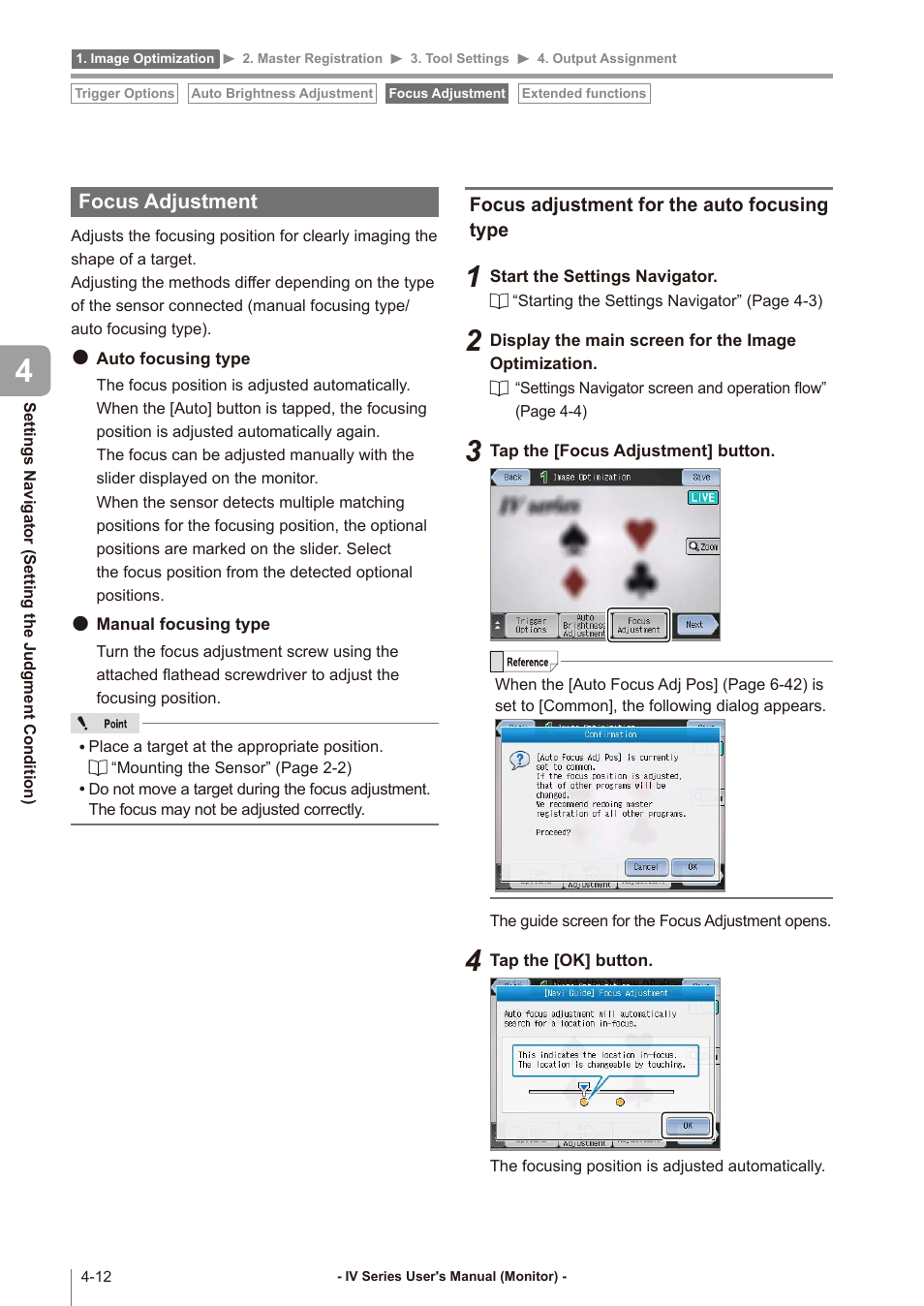 Focus adjustment, Focus adjustment for the auto focusing type, Focus adjustment -12 | Focus adjustment for, The auto focusing type -12 | KEYENCE IV Series User Manual | Page 80 / 306