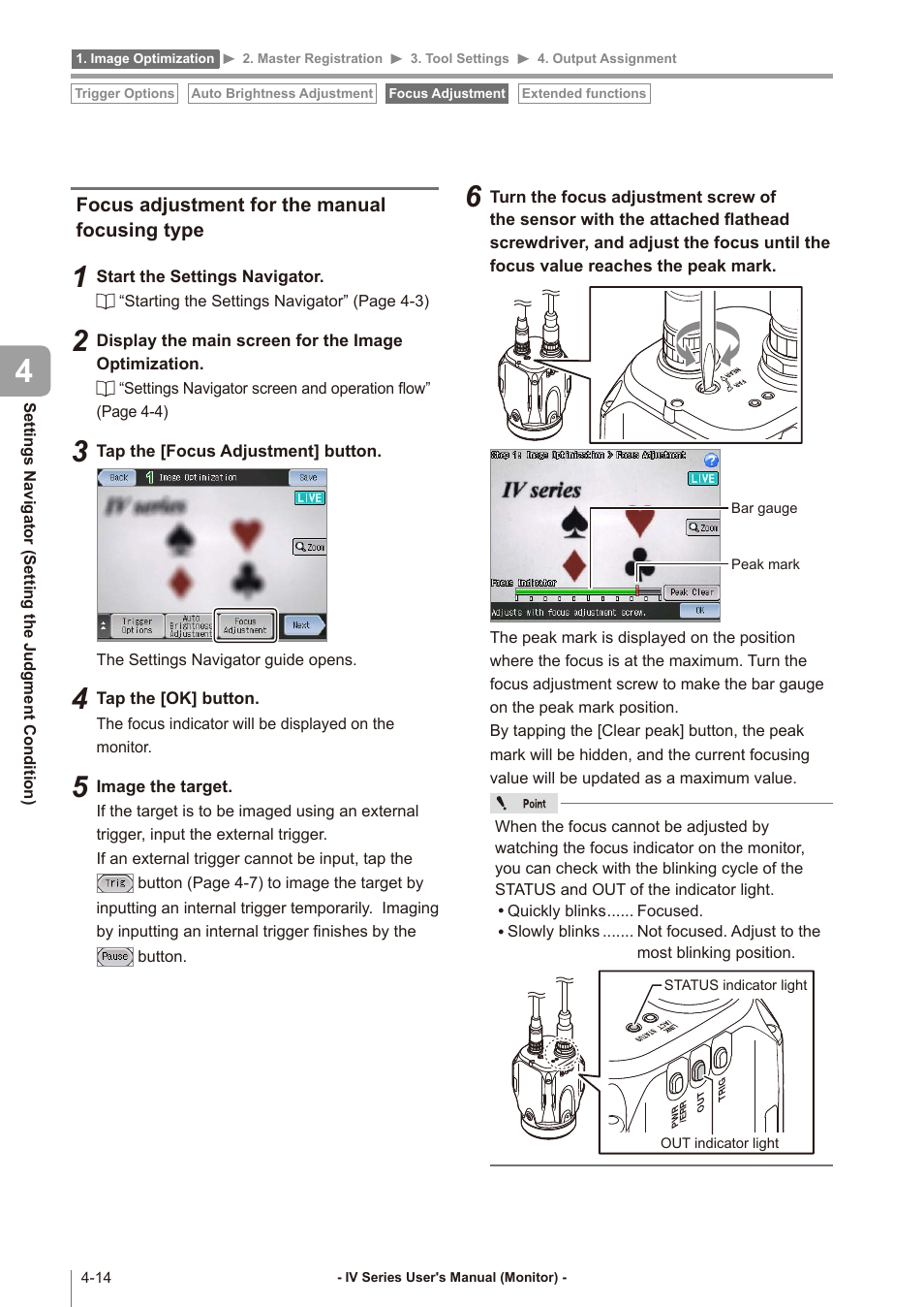 Focus adjustment for the manual focusing type, Focus adjustment for, The manual focusing type -14 | Focus adjustment for the | KEYENCE IV Series User Manual | Page 82 / 306