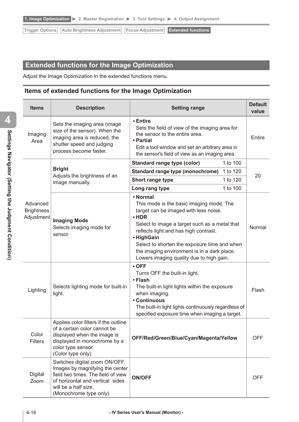 Extended functions for the image optimization, Extended functions for, The image optimization -16 | Items of extended functions for | KEYENCE IV Series User Manual | Page 84 / 306