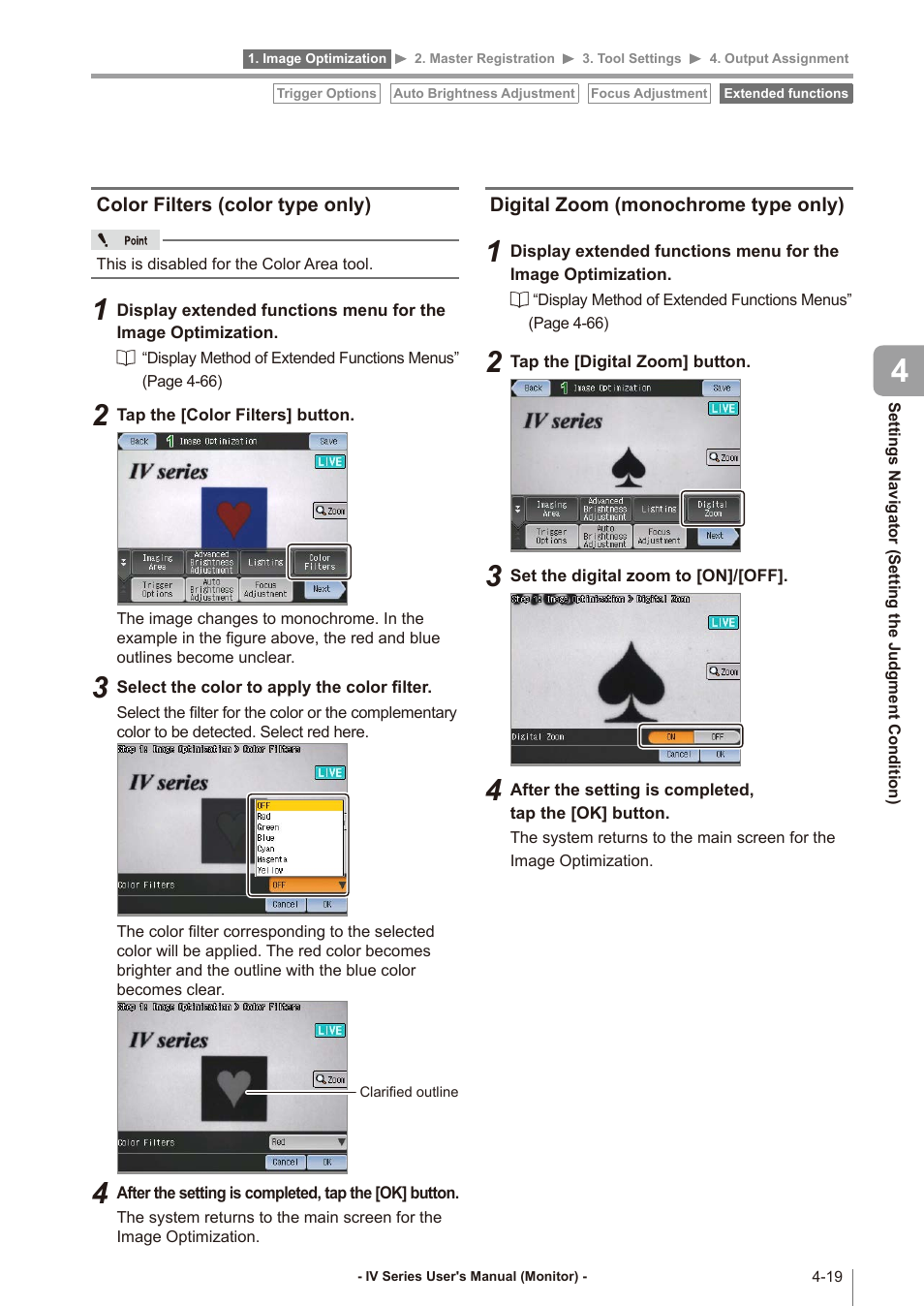 Color filters (color type only), Digital zoom (monochrome type only), Color filters (color type only) -19 | Digital zoom (monochrome type only) -19 | KEYENCE IV Series User Manual | Page 87 / 306