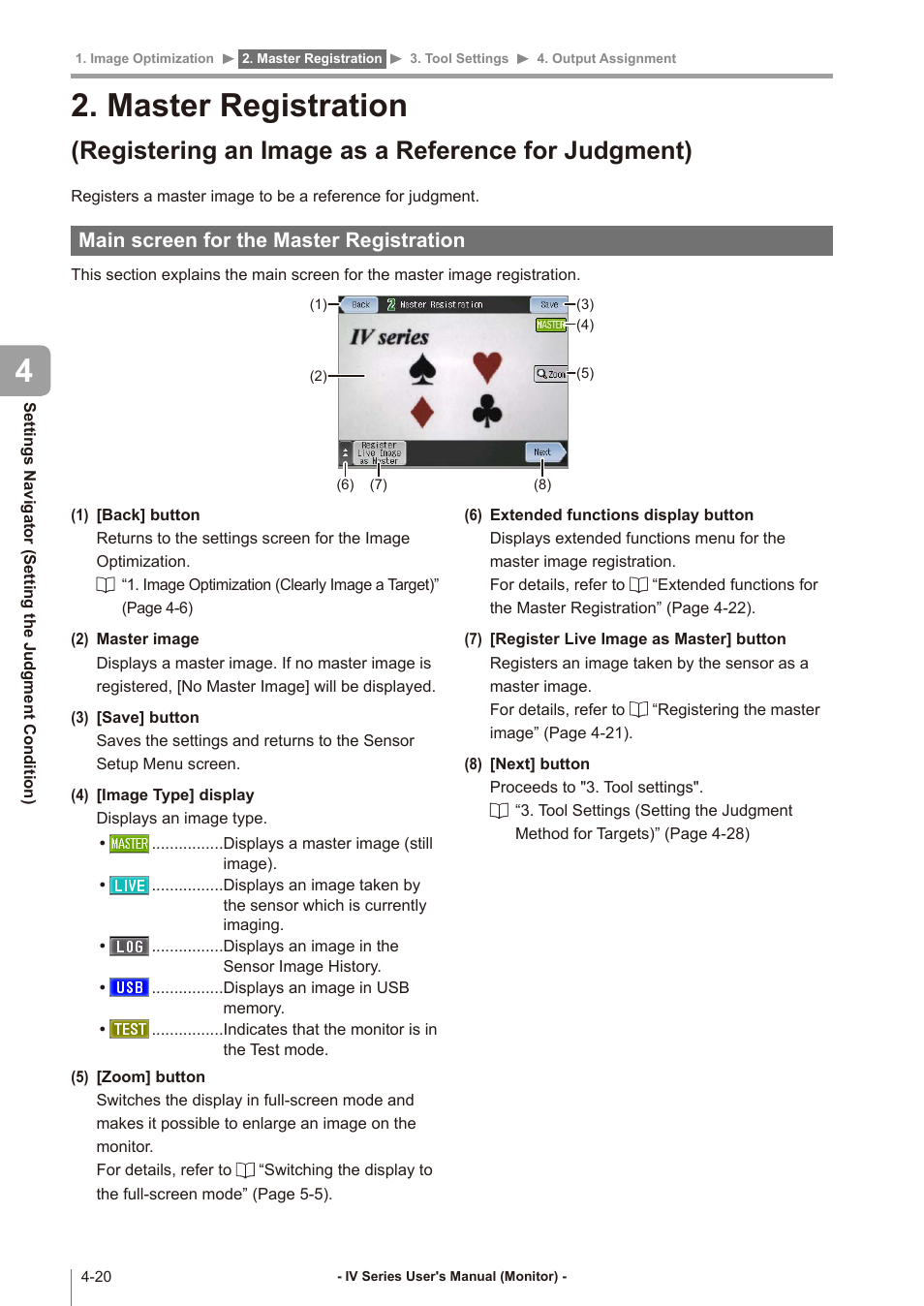 Main screen for the master registration, Master registration (registering an image, As a reference for judgment) -20 | Main screen for the master registration -20, Master registration, Registering an image as a, Reference for judgment), Master registration (registering an image as, Registering an image as a reference for judgment) | KEYENCE IV Series User Manual | Page 88 / 306