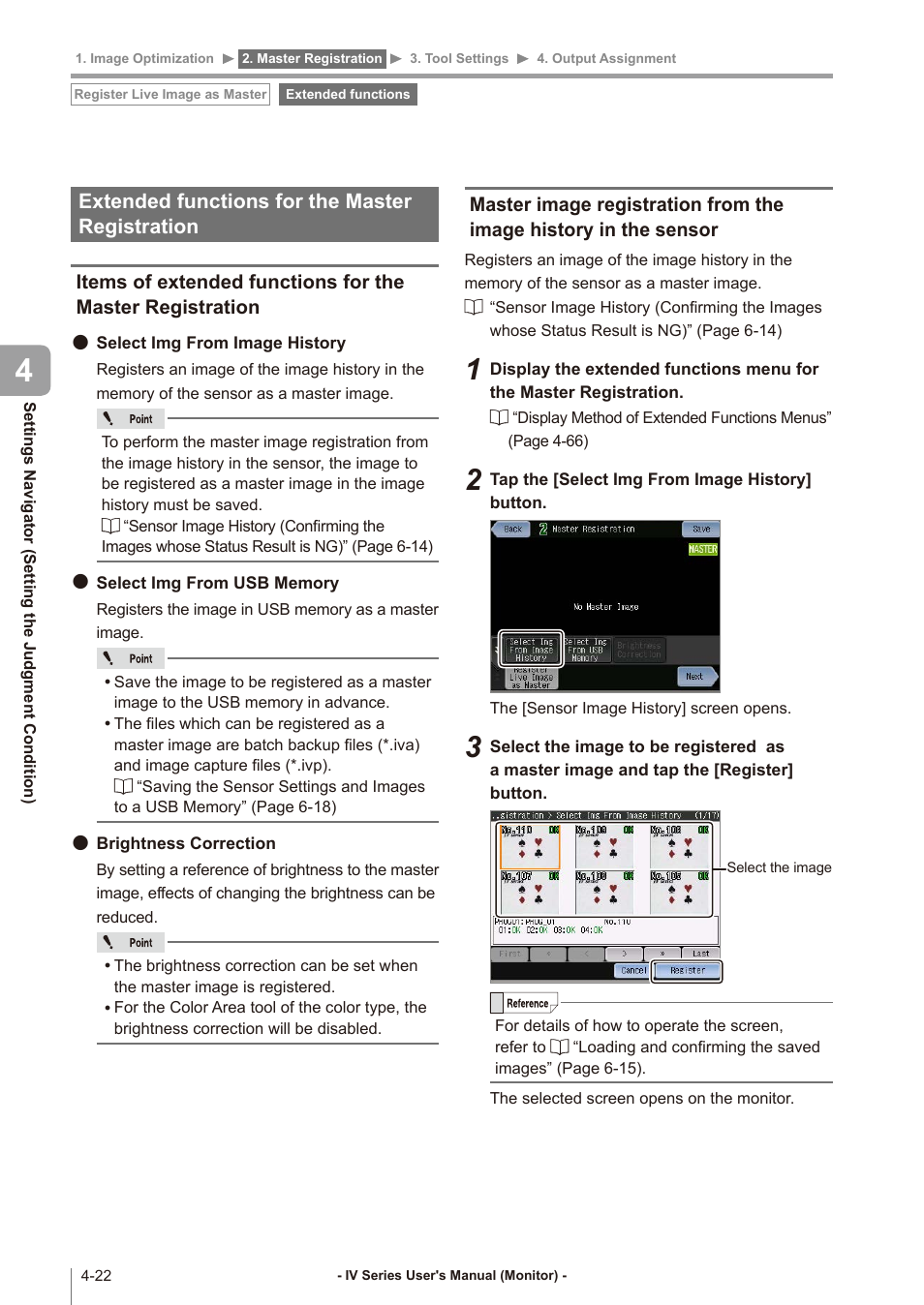 Extended functions for the master registration, Extended functions for, The master registration -22 | Items of extended functions for, Master image registration from, The image history in the sensor -22 | KEYENCE IV Series User Manual | Page 90 / 306