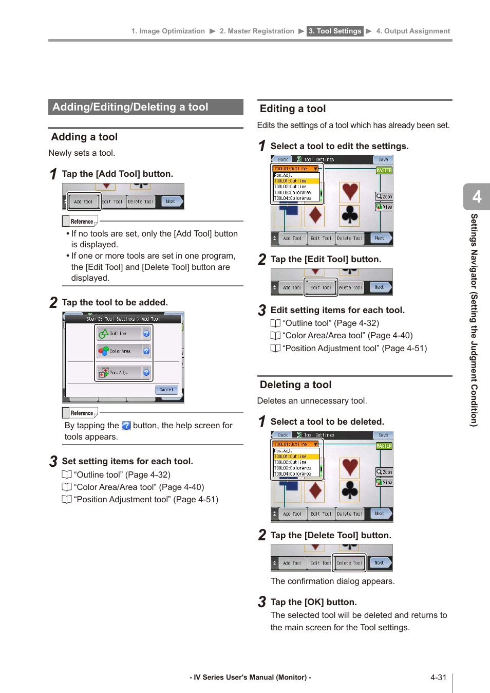 Adding/editing/deleting a tool, Adding a tool, Editing a tool | Deleting a tool, Adding/editing/deleting a tool -31, Adding a tool -31, Editing a tool -31, Deleting a tool -31 | KEYENCE IV Series User Manual | Page 99 / 306