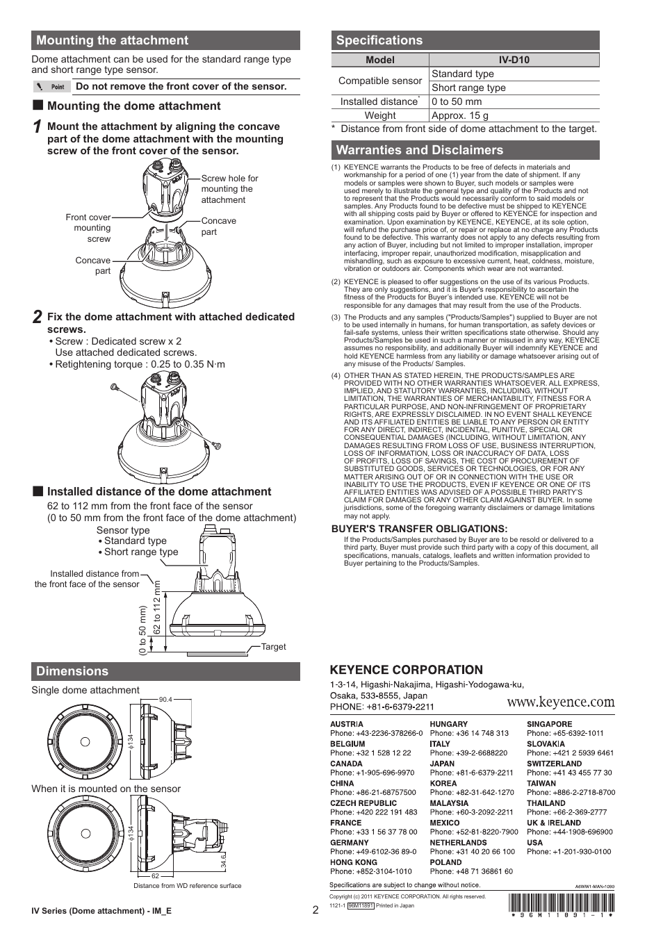 Mounting the attachment, Mounting the dome attachment, Installed distance of the dome attachment | Dimensions, Specifications, Warranties and disclaimers | KEYENCE IV-D10 User Manual | Page 2 / 2