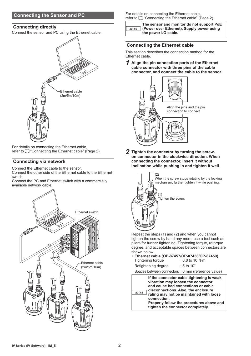 Connecting the sensor and pc, Connecting directly, Connecting via network | Connecting the ethernet cable | KEYENCE IV-H1 User Manual | Page 2 / 4