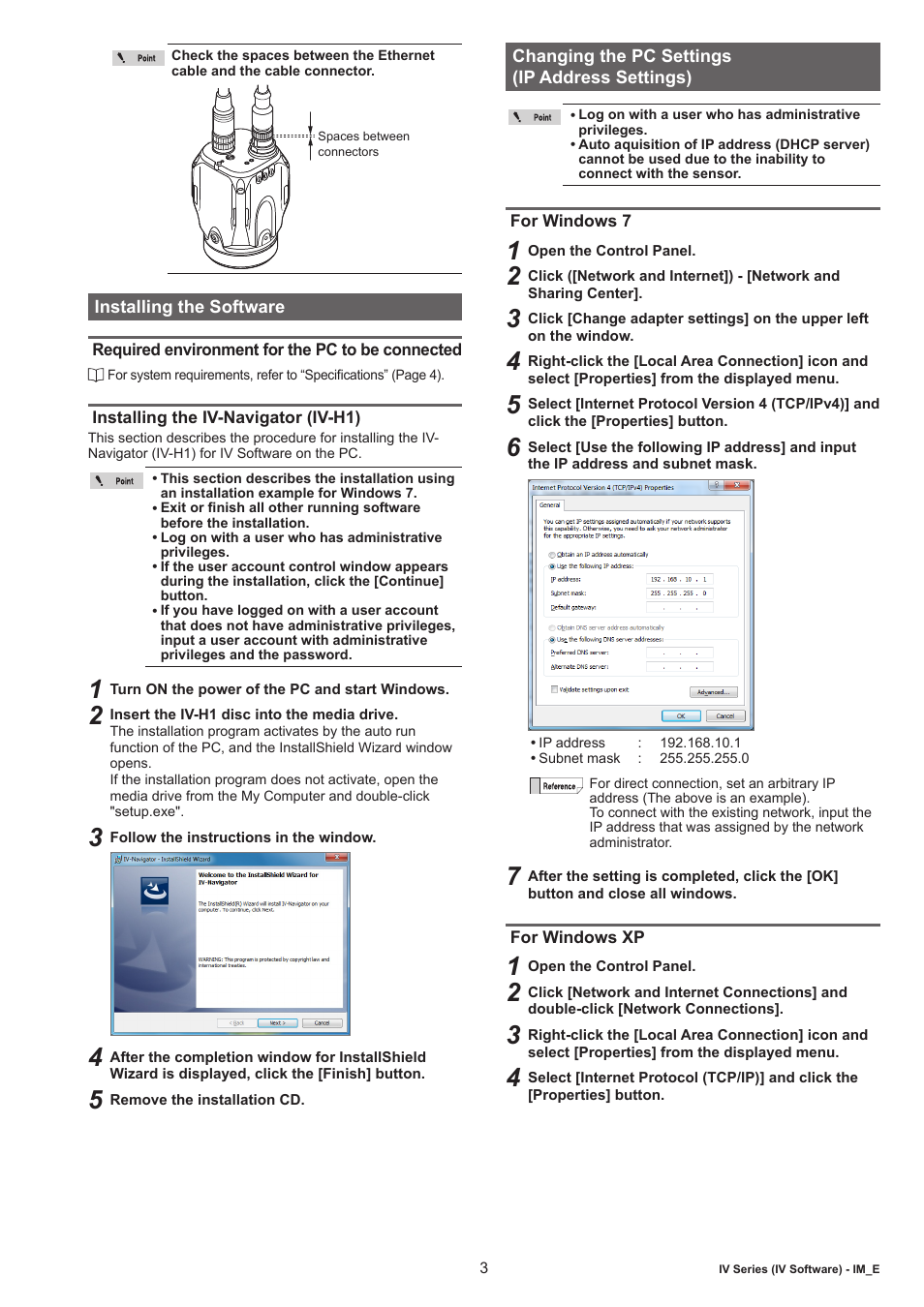 Installing the software, Required environment for the pc to be connected, Installing the iv-navigator (iv-h1) | Changing the pc settings (ip address settings), For windows 7, For windows xp | KEYENCE IV-H1 User Manual | Page 3 / 4