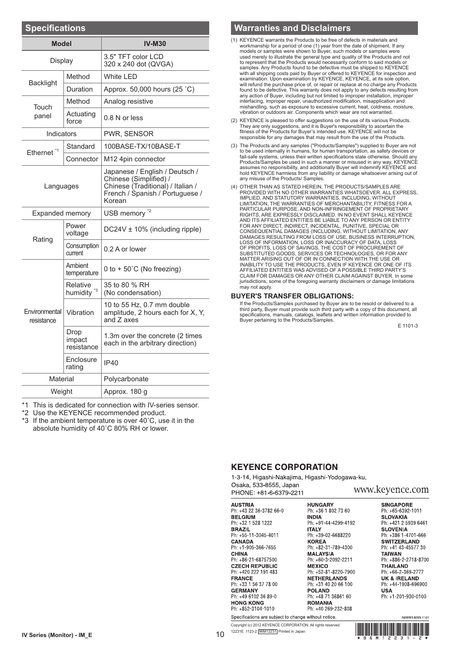 Specifications, Warranties and disclaimers | KEYENCE IV-M30 User Manual | Page 10 / 10