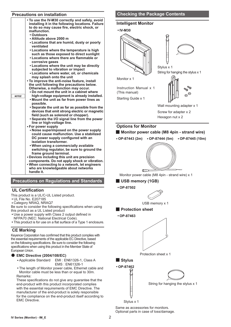 Precautions on installation, Precautions on regulations and standards, Ul certification | Ce marking, Checking the package contents, Intelligent monitor, Options for monitor, Monitor power cable (m8 4pin - strand wire), Usb memory (1gb), Protection sheet | KEYENCE IV-M30 User Manual | Page 2 / 10