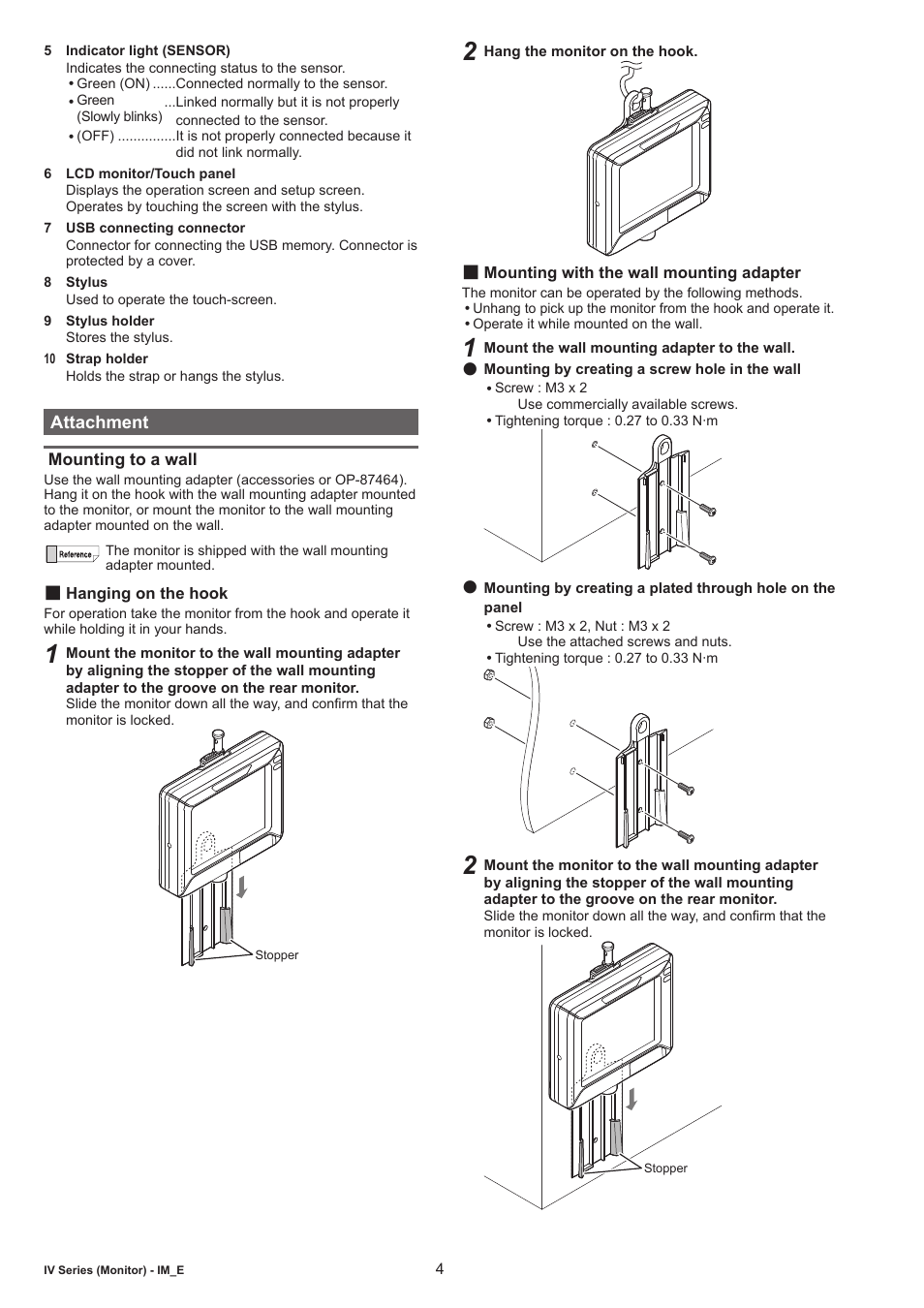 Attachment, Mounting to a wall, Hanging on the hook | Mounting with the wall mounting adapter | KEYENCE IV-M30 User Manual | Page 4 / 10