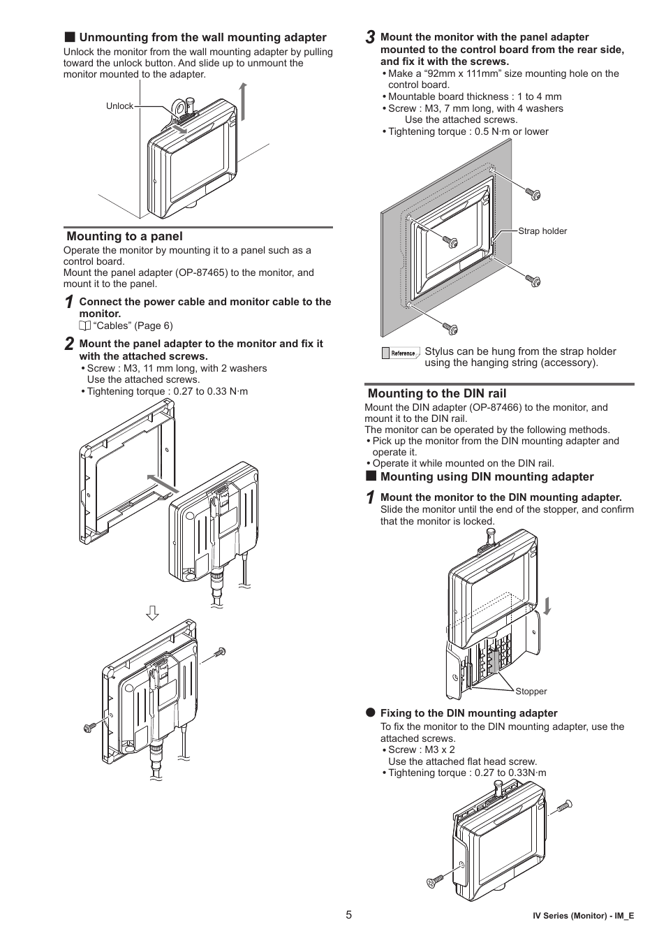 Unmounting from the wall mounting adapter, Mounting to a panel, Mounting to the din rail | Mounting using din mounting adapter | KEYENCE IV-M30 User Manual | Page 5 / 10