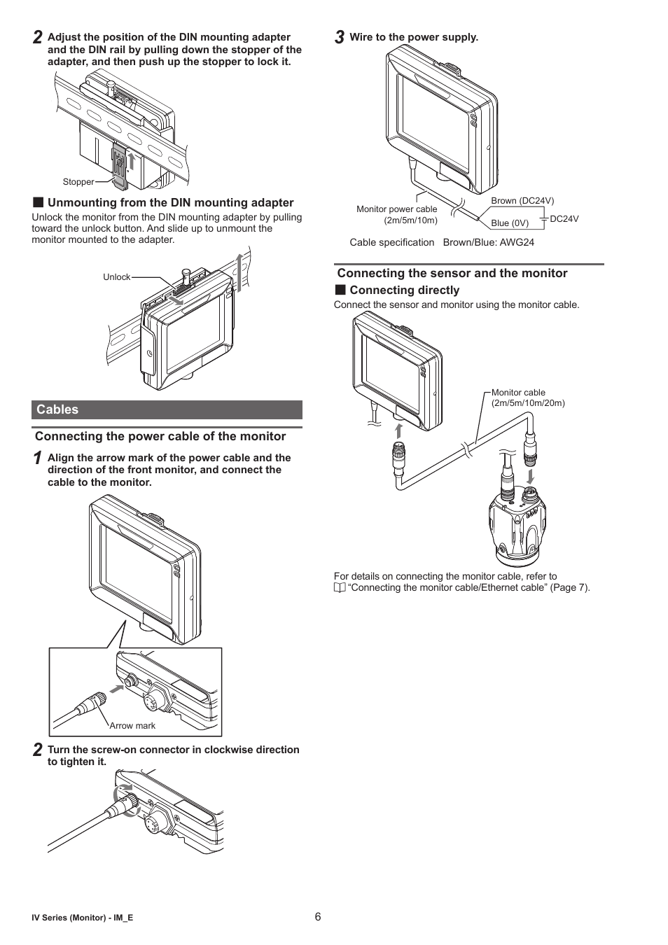 Unmounting from the din mounting adapter, Cables, Connecting the power cable of the monitor | Connecting the sensor and the monitor, Connecting directly | KEYENCE IV-M30 User Manual | Page 6 / 10