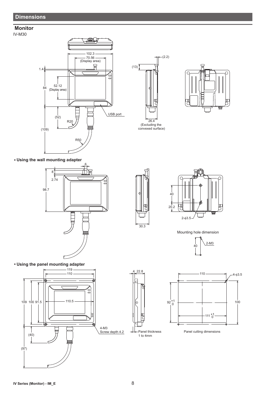 Dimensions, Monitor | KEYENCE IV-M30 User Manual | Page 8 / 10