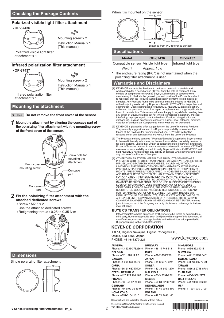 Checking the package contents, Polarized visible light filter attachment, Infrared polarization filter attachment | Mounting the attachment, Dimensions, Specifications, Warranties and disclaimers | KEYENCE OP-87437 User Manual | Page 2 / 2