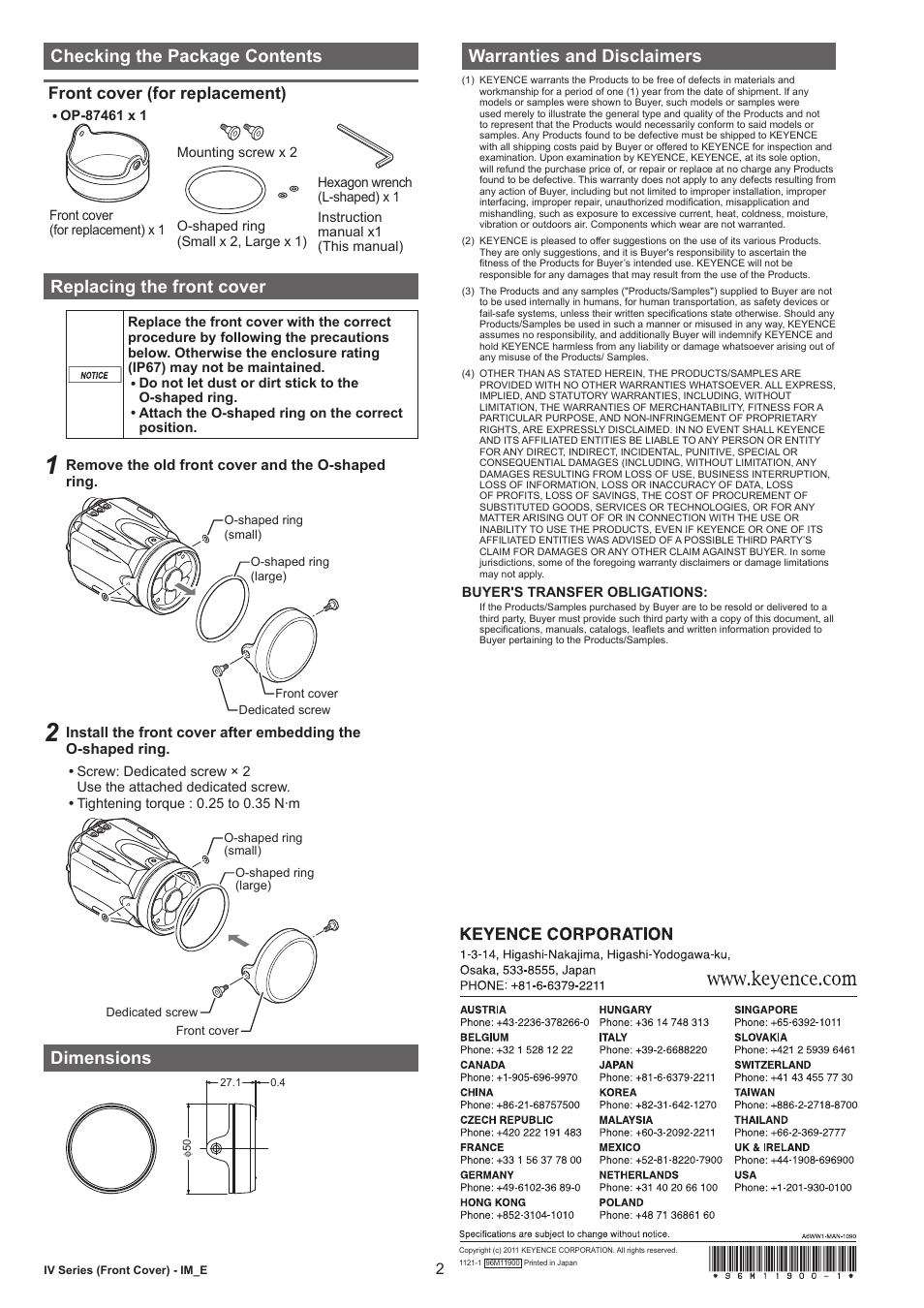 Checking the package contents, Front cover (for replacement), Replacing the front cover | Dimensions, Warranties and disclaimers | KEYENCE OP-87461 User Manual | Page 2 / 2