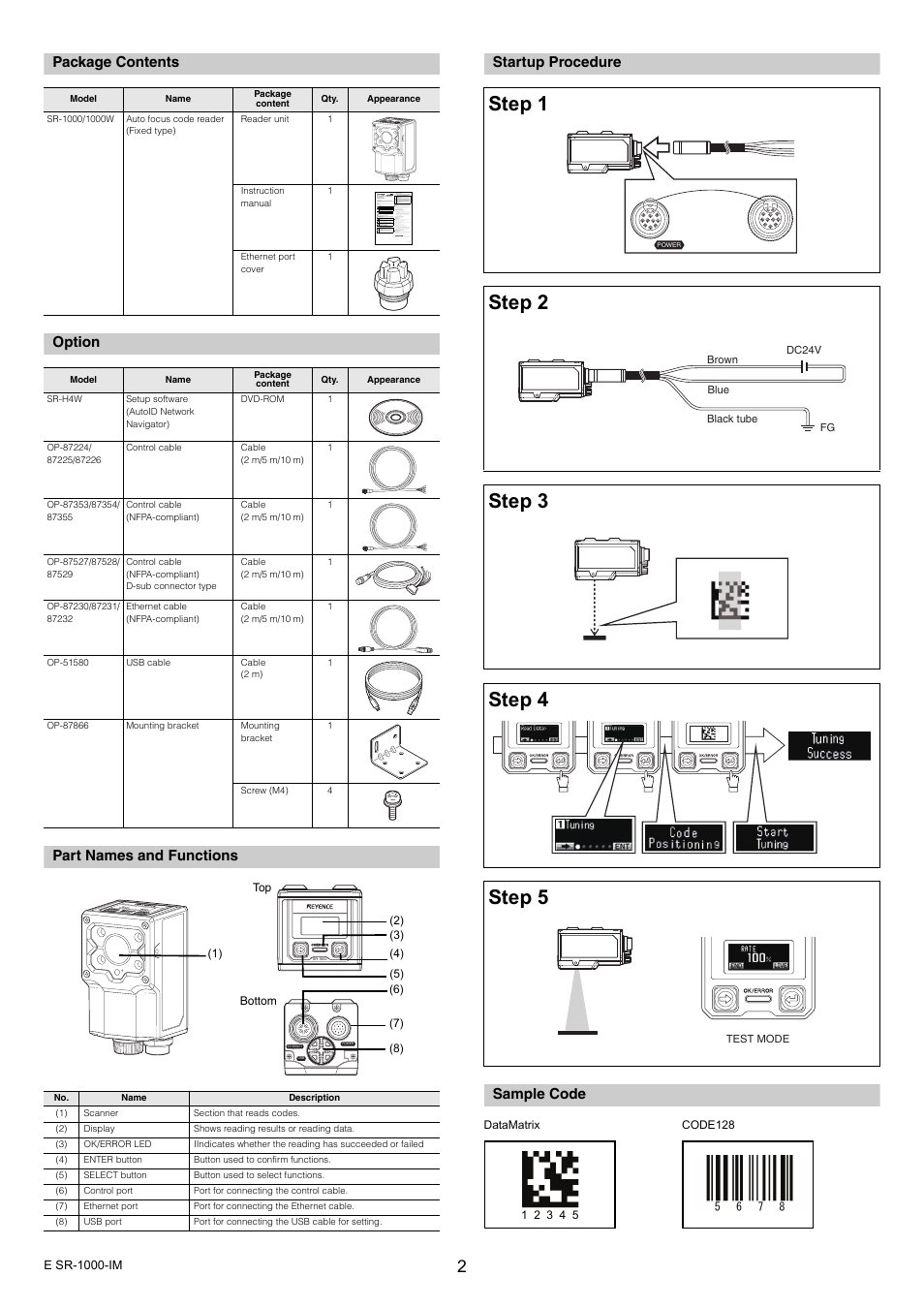 Package contents, Option, Part names and functions | Startup procedure, Sample code | KEYENCE SR-1000 Series User Manual | Page 2 / 6