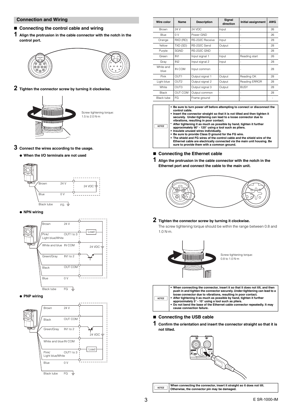 Connection and wiring, Connecting the control cable and wiring, Connecting the ethernet cable | Connecting the usb cable, Sr-1000 sel menu | KEYENCE SR-1000 Series User Manual | Page 3 / 6