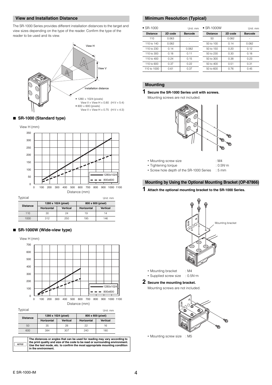 View and installation distance, Minimum resolution (typical), Mounting | Minimum resolution (typical) mounting, Sr- 100 0 sel menu, Sr-1 000 sel menu | KEYENCE SR-1000 Series User Manual | Page 4 / 6