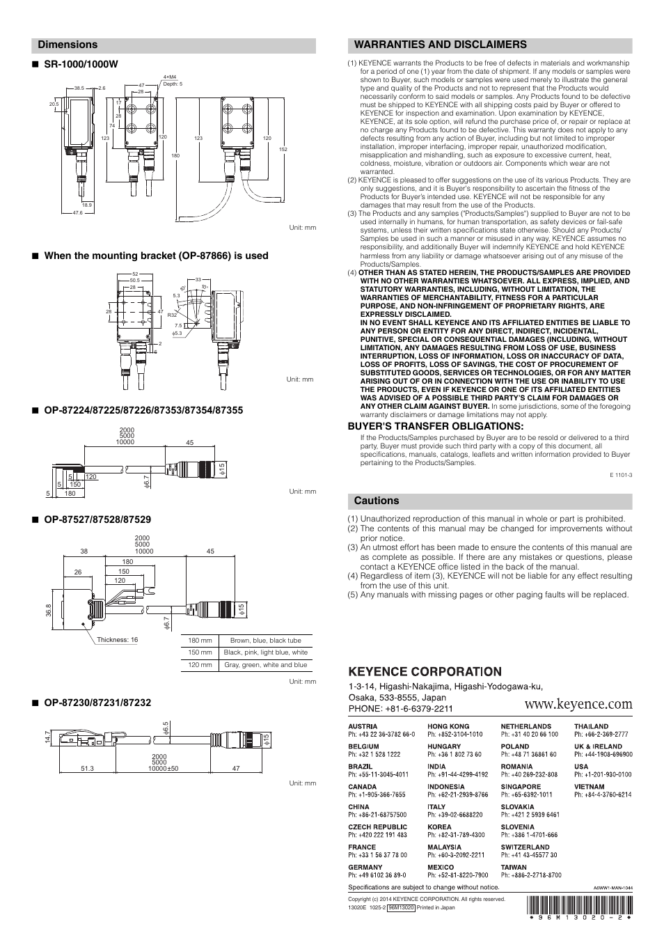 Dimensions, Warranties and disclaimers, Cautions | Buyer's transfer obligations | KEYENCE SR-1000 Series User Manual | Page 6 / 6