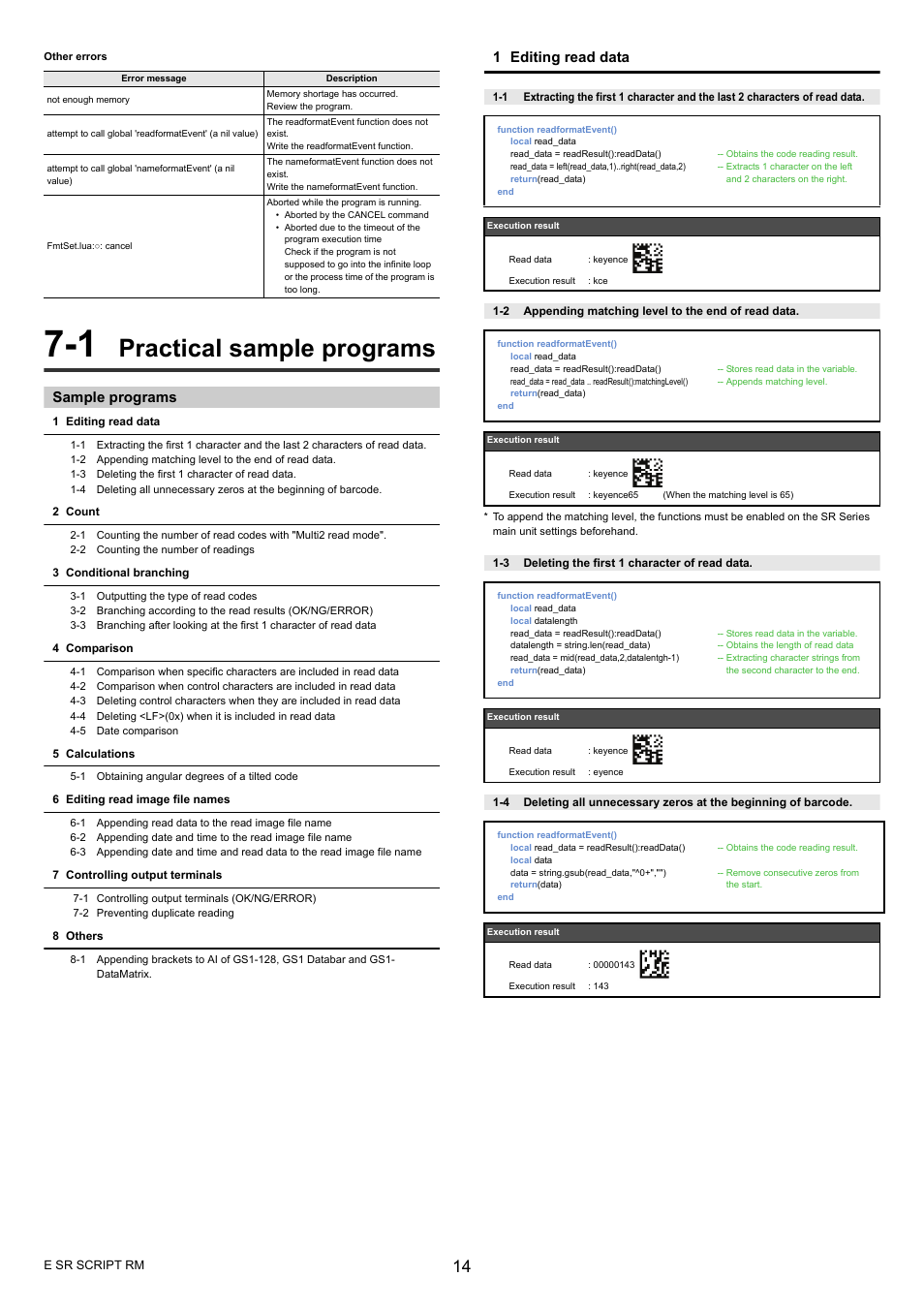 1 practical sample programs, Sample programs, Practical sample programs | 1 editing read data | KEYENCE SR-700 Series User Manual | Page 14 / 20