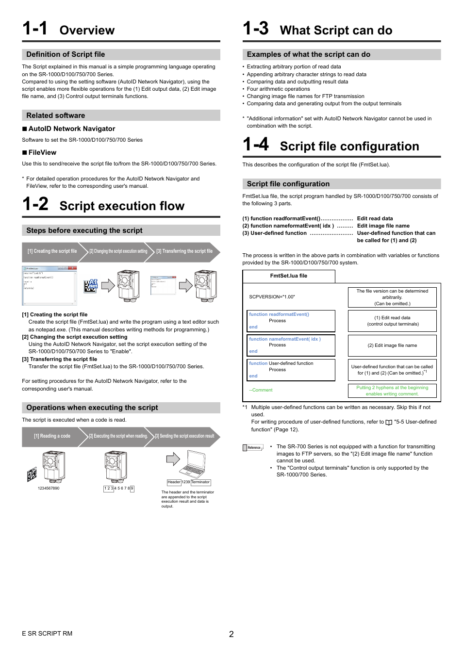 1 overview, Definition of script file, Related software | 2 script execution flow, Steps before executing the script, Operations when executing the script, 3 what script can do, Examples of what the script can do, 4 script file configuration, Script file configuration | KEYENCE SR-700 Series User Manual | Page 2 / 20