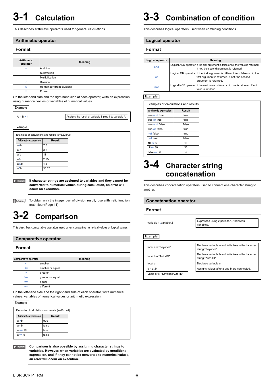 1 calculation, Arithmetic operator, 2 comparison | Comparative operator, 3 combination of condition, Logical operator, 4 character string concatenation, Concatenation operator, Calculation, Comparison | KEYENCE SR-700 Series User Manual | Page 6 / 20