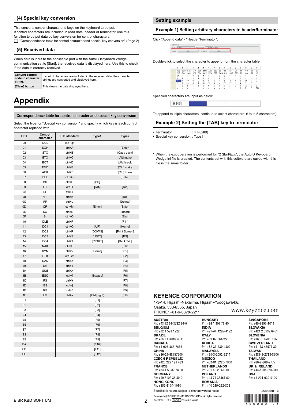 Appendix, Setting example, 4) special key conversion | 5) received data, Example 2) setting the [tab] key to terminator | KEYENCE AutoID Keyboard Wedge User Manual | Page 2 / 2