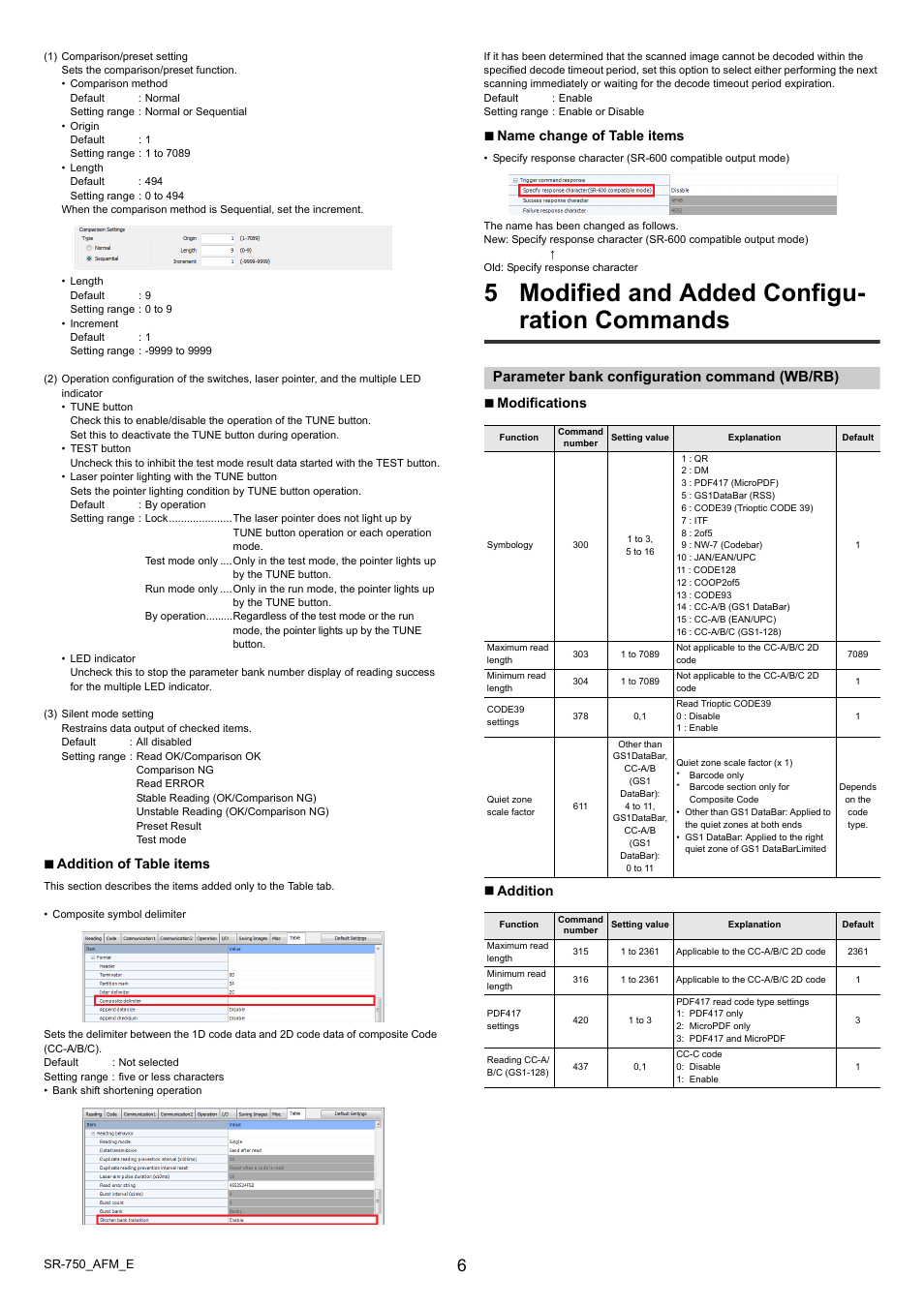 5 modified and added configuration commands, Parameter bank configuration command (wb/rb), 5 modified and added configuration | 5 modified and added configu- ration commands, Addition of table items, Name change of table items, Modifications  addition | KEYENCE SR-750 Series User Manual | Page 6 / 8