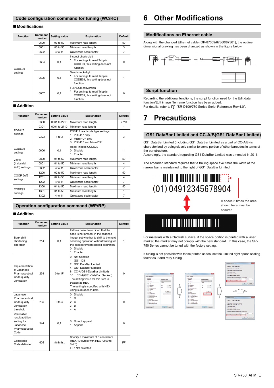 Code configuration command for tuning (wc/rc), Operation configuration command (wp/rp), 6 other modifications | Modifications on ethernet cable, Script function, 7 precautions, 6 other modifications 7 precautions, Modifications  addition, Addition | KEYENCE SR-750 Series User Manual | Page 7 / 8