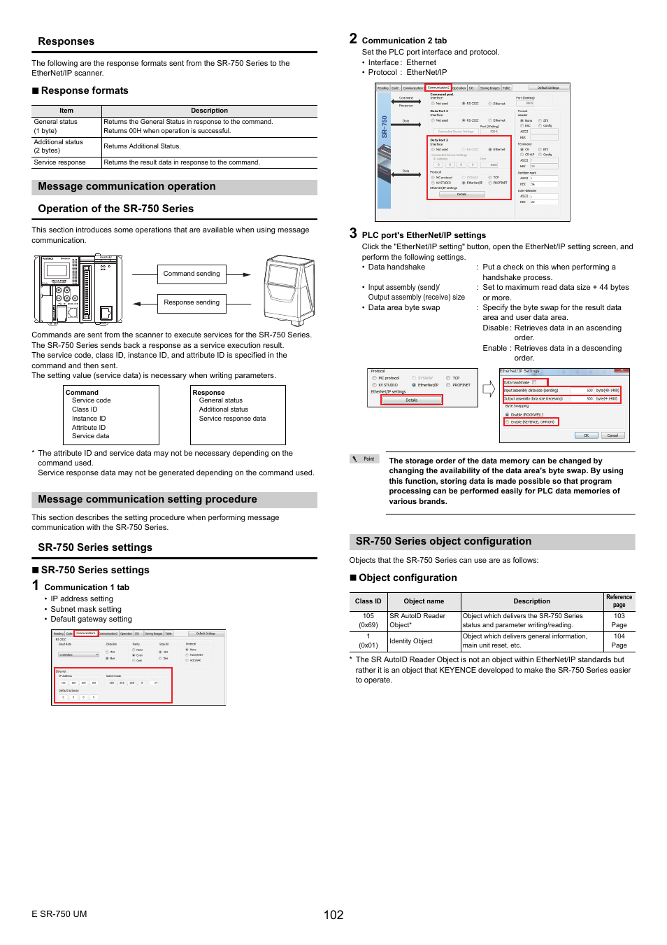 Message communication operation, Message communication setting procedure, Sr-750 series object configuration | Responses, Sr-750 series settings | KEYENCE SR-750 Series User Manual | Page 102 / 124