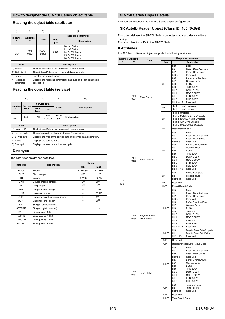 How to decipher the sr-750 series object table, Sr-750 series object details, Attributes | KEYENCE SR-750 Series User Manual | Page 103 / 124