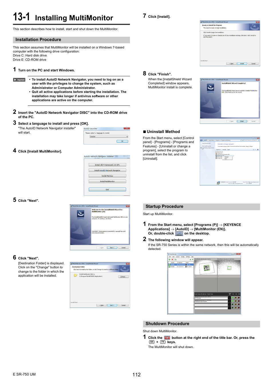 1 installing multimonitor, Installation procedure, Startup procedure | Shutdown procedure, Installing multimonitor | KEYENCE SR-750 Series User Manual | Page 112 / 124