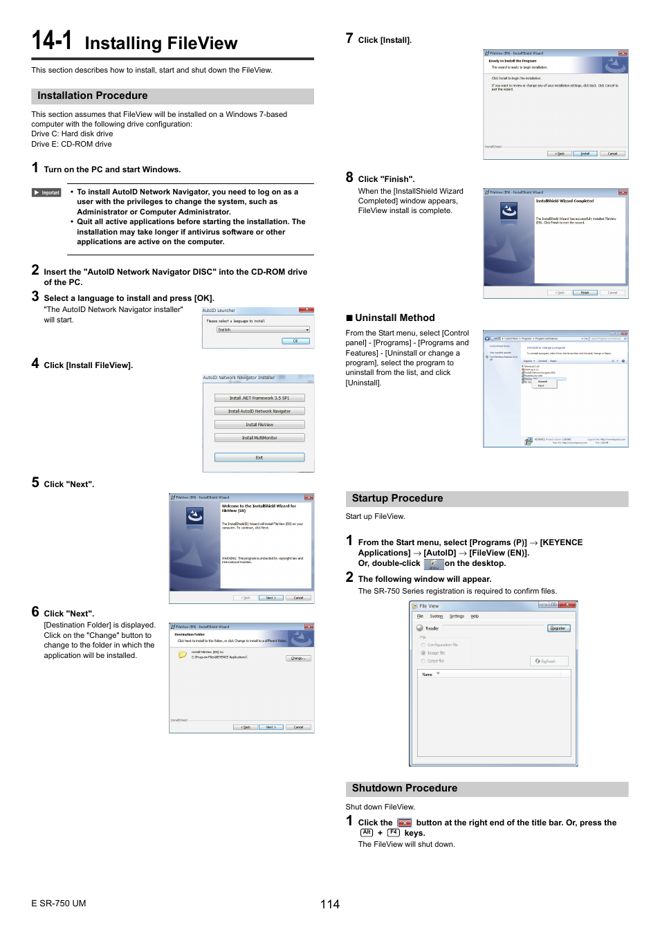 1 installing fileview, Installation procedure, Startup procedure | Shutdown procedure, Installing fileview | KEYENCE SR-750 Series User Manual | Page 114 / 124