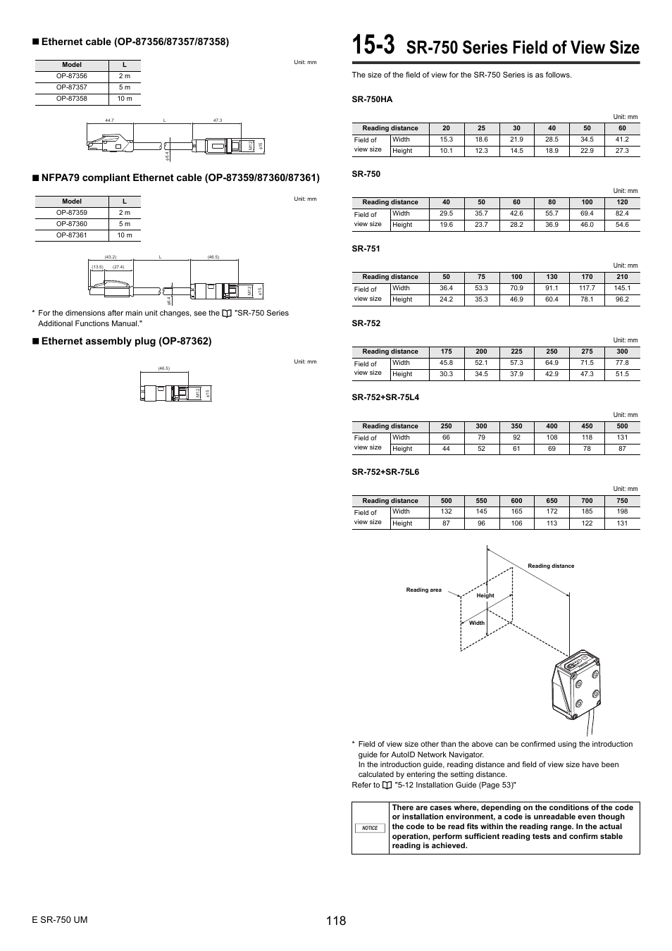 3 sr-750 series field of view size, Sr-750 series field of view size, Test tune sr-625 pow err net in stb ok/ng | KEYENCE SR-750 Series User Manual | Page 118 / 124